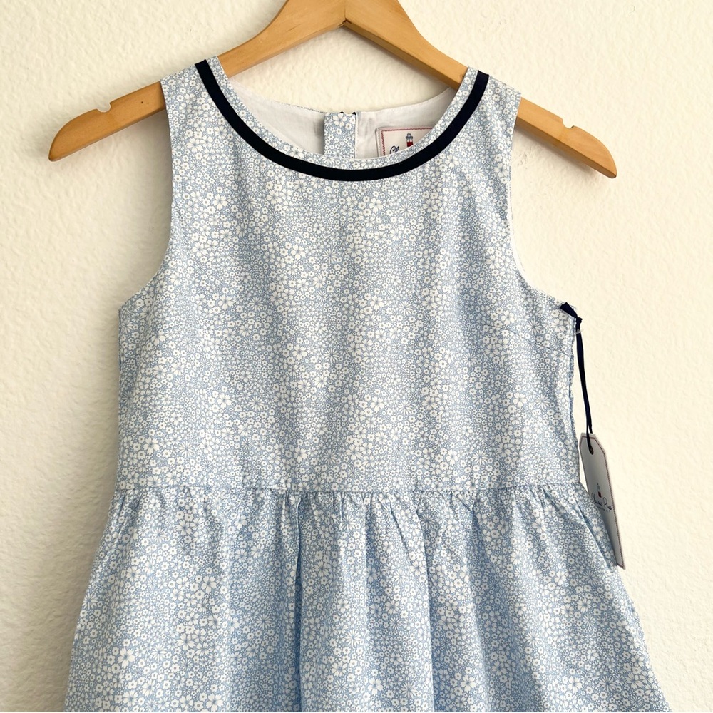 Classic Prep Girls Light Blue Floral Dress with Navy Trim - Picture 2 of 4